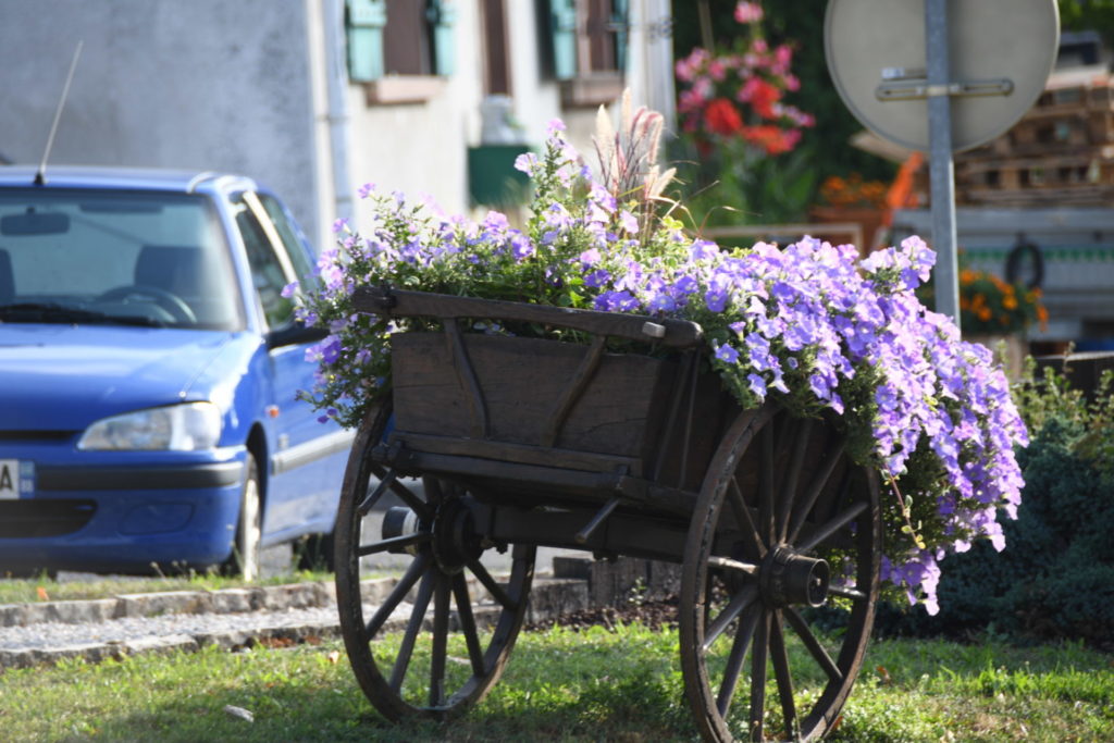 Village fleuri Héming chariot à fleurs
